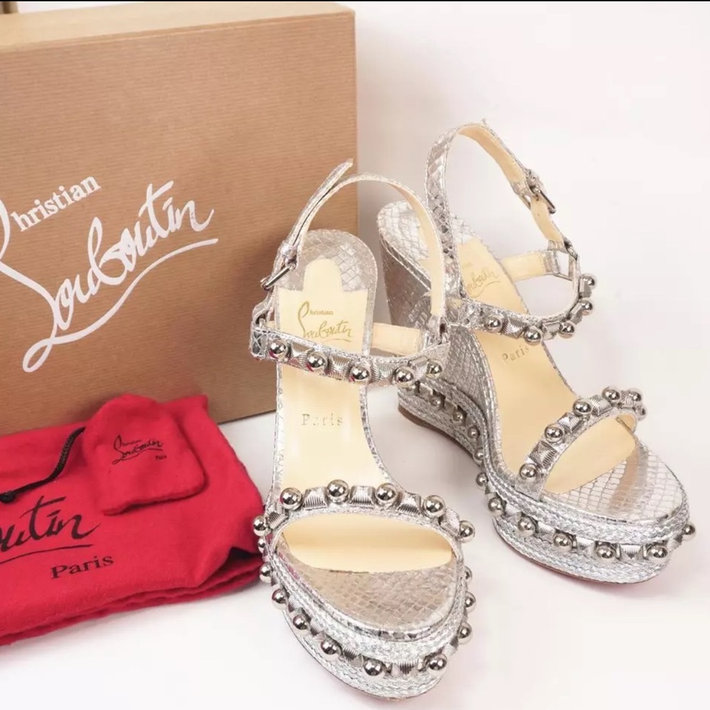 🔥CHRISTIAN LOUBOUTIN 100% AuthSilver Snake&Embellished Platform Espadrille 39 - Picture 10 of 16
